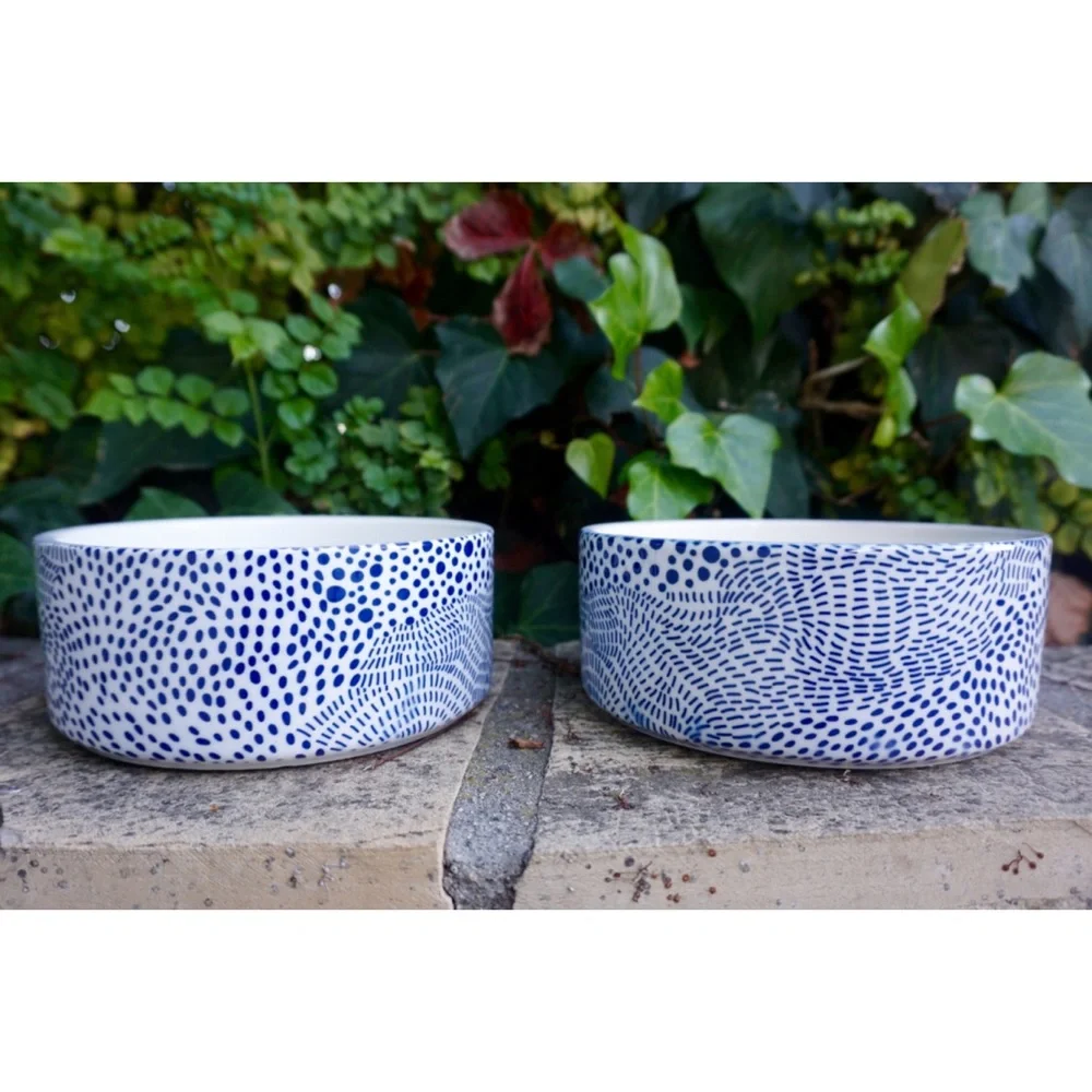 Modern Ceramic Dog Bowl in Blue Dot Pattern